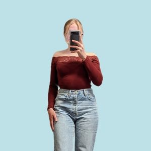 Lace trimmed, off-the-shoulder long sleeve